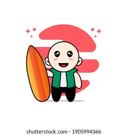 Cute men character holding a surf board. Mascot design concept