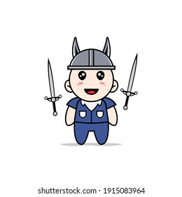 Cute men character wearing fighter costume. Mascot design concept