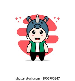 Cute men character wearing rhino costume. Mascot design concept