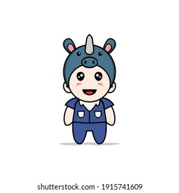 Cute men character wearing rhino costume. Mascot design concept