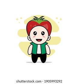 Cute men character wearing strawberry costume. Mascot design concept