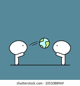 Cute men and game with planet earth, children are playing with globe. Politics, governance, authority, power and responsibility cartoon vector illustration.