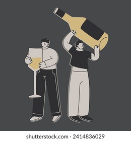 Hombres muy bien educados con una botella enorme de vino blanco y un vaso enorme. Caracteres divertidos y exagerados para el diseño sobre el tema del vino o las bebidas alcohólicas. Ilustración plana vectorial.