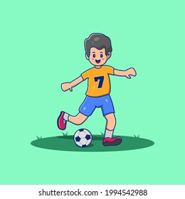 Cute Men Kicking Ball Cartoon Vector Icon Illustration. People And Sport Icon Concept Isolated Premium Vector. Flat Cartoon Style