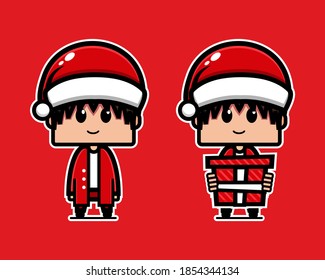 Cute men wearing santa costume.  Cute boy cartoon characters carrying christmas gifts. Illustration vector
