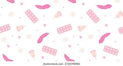 Patrón inconsútil lindo de los símbolos menstruales con las plumas y los tampones de los vendajes, tema femenino de la salud