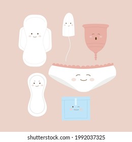 Período de menstruación normal establecido. Varios productos de higiene femeninos lindos de emojis incluyendo objetos de basura cero. Bragas de mujeres, tampón, toallas, taza. Ilustración de cartoon kawaii aislada en fondo rosa