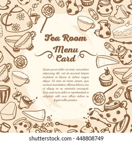 cute menu card for tea room, frame formed from cartoon style tea things, vector illustration