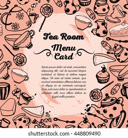 cute menu card for tea room, frame formed from cartoon style tea things, vector illustration