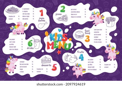 Cute menu for kids with cartoon unicorn characters and seamless pattern on background, flat vector illustration. Cafe restaurant for children menu template. Main dish, drink, dessert and fast food.