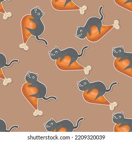 cute meow and food cartoon sticker seamless pattern
