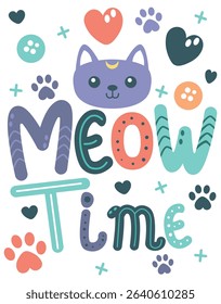 Cute Meow Time cat illustration with colorful letters and paw prints