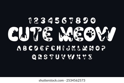 süßes Miau Vektor Katzen Schriftart schwarz-weißes Alphabet, Kreative Reihe von Zeichen, Kätzchen in einer Vielzahl von Posen abgebildet