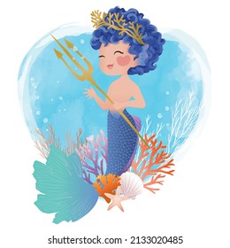 Cute merboy illustration, children artworks, wallpapers, posters, greeting cards prints. 