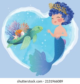 Cute merboy with lovely turtle illustration,children artworks, wallpapers, posters, greeting cards prints. 