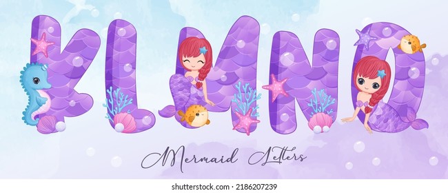 Cute Mermaid Alphabets Part III in watercolor