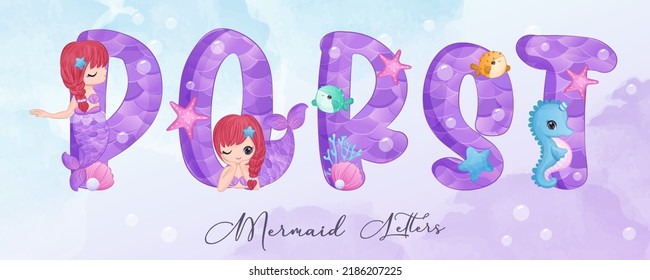 Cute Mermaid Alphabets Part IV in watercolor