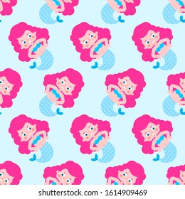 Cute Mermaid baby pattern seamless. Cartoon Sea girl background. vector texture. Baby fabric ornament
