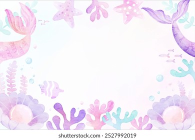 Cute Mermaid Background in Watercolor Style