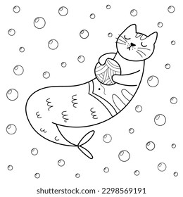 Cute mermaid cat holding a ball of wool coloring page. Cute feline character print in cartoon style. Line art print for coloring book and cards. Vector illustration