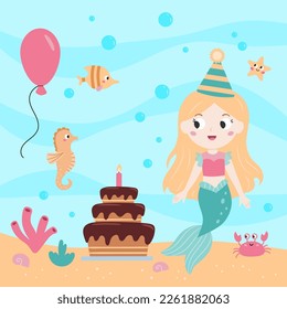 Cute mermaid with birthday cake. Cartoon kawaii character. Fairy tale. Vector illustration.