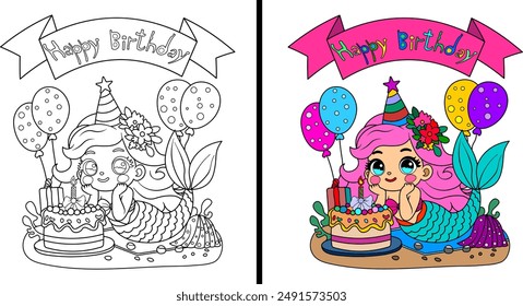 Cute mermaid with birthday cake. Coloring page.Vector illustration.