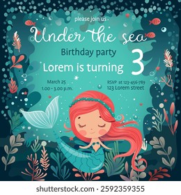 Cute mermaid birthday party invitation template with underwater theme. Adorable cartoon mermaid with red hair, sea plants, and fish. Perfect for kids' celebrations and events