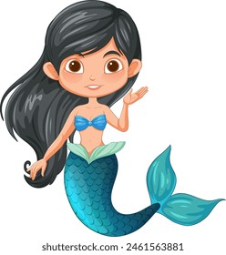 Cute mermaid with black hair and blue tail