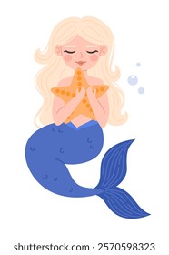 Cute mermaid with blond hair in cartoon style. Flat vector illustration.