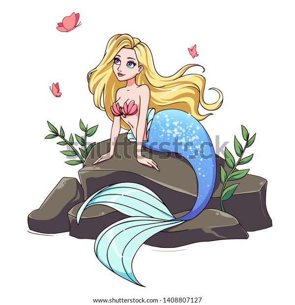 Cute Mermaid Blonde Hair Blue Tail Stock Vector Royalty Free