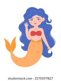 Cute mermaid with blue hair in cartoon style. Flat vector illustration.