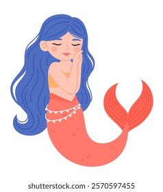 Cute mermaid with blue hair. Flat vector illustration.