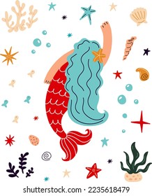 Cute Mermaid with blue hair and marine life. Mermaid and sea animals.Vector cartoon illustration