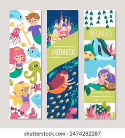 Cute mermaid bookmarks set with princess, fish, castle, animals, prince, tortoise, octopus. Vector cartoon underwater kingdom vertical card print templates. Cute marine designs for kids
