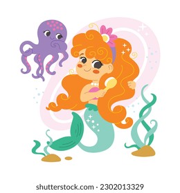 Cute mermaid brushes her hair and octopus. Vector cartoon illustration in flat style isolated on a white background. For print, design, poster, sticker, card, decoration and t shirt design