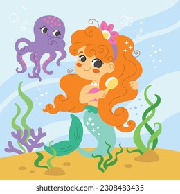 Cute mermaid brushes her hair and octopus. Vector cartoon illustration in flat style isolated on a white background. For print, design, poster, sticker, card, decoration and t shirt design