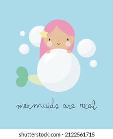 Cute mermaid with bubble in cartoon style. For kids stuff, card, posters, banners, books, printing on the pack, printing on clothes, fabric, wallpaper, textile or dishes. Vector illustration.