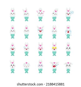 Cute mermaid bunny sticker set. 25 flat cartoon illustrations of little rabbits with mermaid tail isolated on a white background. Vector 10 EPS.