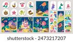 Cute mermaid cards set with princess, fish, castle, animals, treasure, tortoise. Vector cartoon underwater kingdom square, round, vertical print templates designs for tags, postcard
