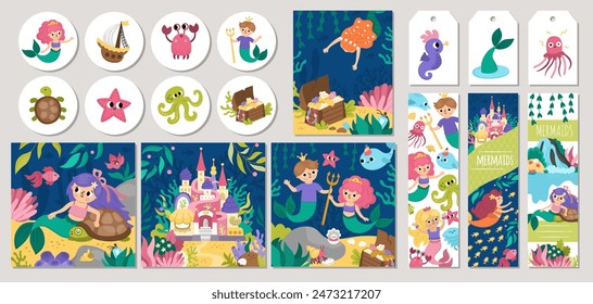 Cute mermaid cards set with princess, fish, castle, animals, treasure, tortoise. Vector cartoon underwater kingdom square, round, vertical print templates designs for tags, postcard
