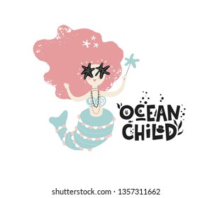 Cute mermaid in carnival mask in cartoon style. Vector illustration. Hand drawn lettering Ocean child. For kids poster, card, nursery, birthday invitation, carnival design