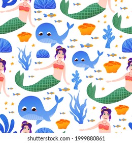 Cute mermaid in carton style with colourful whale character among seaweeds and undersea fauna, seamless pattern
