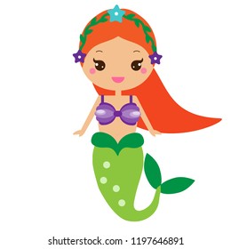 Cute Mermaid. Cartoon character in kawaii style. Fairy undine princess. Vector illustration for kids, babies, children