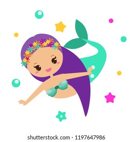 Cute Mermaid. Cartoon character, kawaii style. Fairy undine princess. Vector illustration for kids, babies, children fashion prints