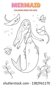 Cute mermaid cartoon character with manta rays, vector illustration. Set of coloring book for kids.