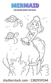 Cute mermaid cartoon character with sea turtle, vector illustration. Set of coloring book for kids.