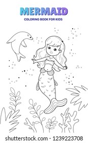 Cute mermaid cartoon character, vector illustration. Coloring book for kids.