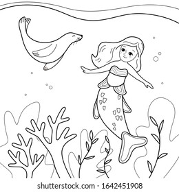 Caricatura de sirena, ilustración vectorial. Libro de colorear para niños.