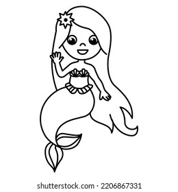 Cute mermaid cartoon characters with cute face vector illustration. For kids coloring book.