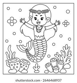 cute mermaid cartoon coloring pages set in the underwater world